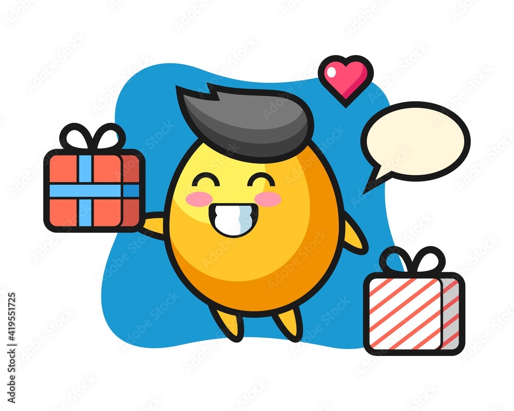 Naklejka premium Golden egg mascot cartoon giving the gift