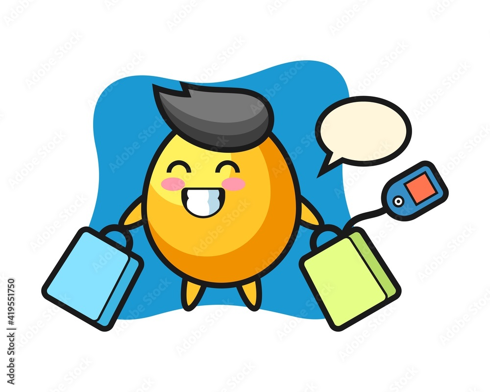 Golden egg mascot cartoon holding a shopping bag Golden egg mascot cartoon holding a shopping bag