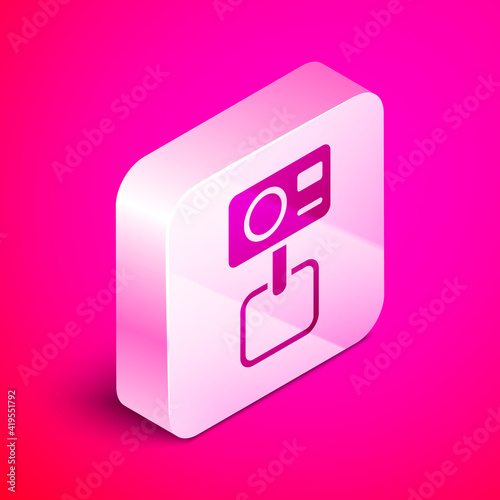 Isometric Action extreme camera icon isolated on pink background. Video camera equipment for filming extreme sports. Silver square button. Vector.