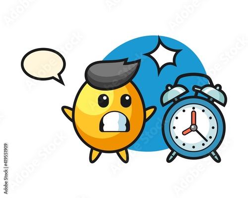 Cartoon illustration of golden egg is surprised with a giant alarm clock