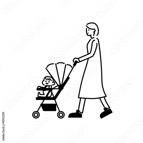 ベビーカーと赤ちゃんとベビーカーを押す人イラスト素材