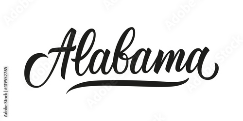 Alabama handwritten inscription. Alabama state hand drawn lettering isolated on white background. Modern calligraphy for posters, cards, t shirts, postcards, souvenirs, stickers. Vector illustration.