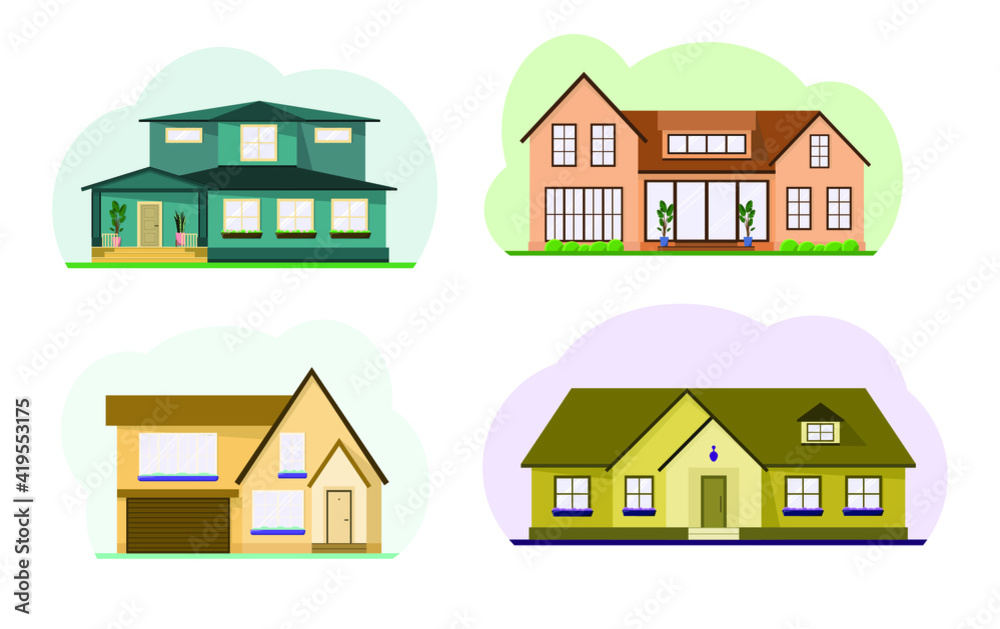 A set of cute two-story country houses. Attic, potted flowers on the windows. Flat design