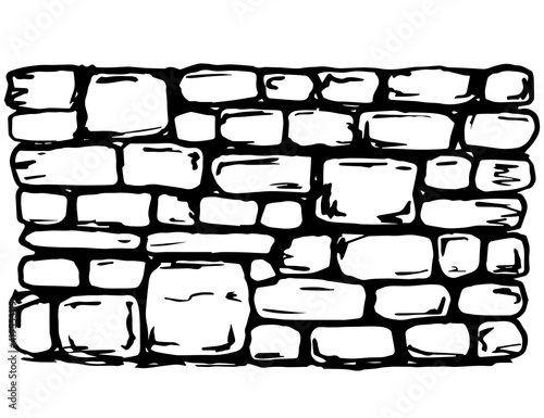 Hand drawn black outline vector horizontal drawing. An old, ancient wall of stone blocks. Historical buildings, ruins, architectural monuments, fortress.
