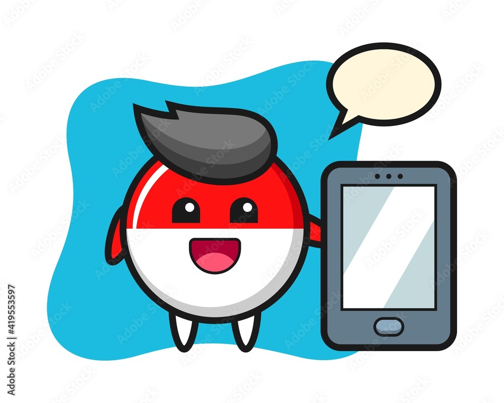 Indonesia flag badge illustration cartoon holding a smartphone