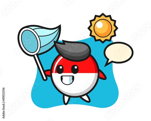 Indonesia flag badge mascot illustration is catching butterfly