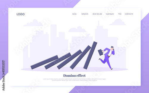 Domino effect or business resilience metaphor vector illustration concept. Adult young businessman run away from falling domino line business concept problem solving and danger domino chain reaction
