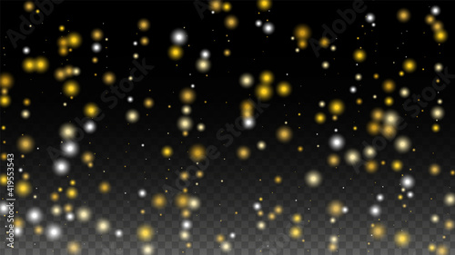 Fototapeta Naklejka Na Ścianę i Meble -  Gold Glitter Vector Texture on a Black. Golden Glow Pattern. Golden Christmas and New Year Snow. Golden Explosion of Confetti. Star Dust. Abstract Flicker Background with a Party Lights Design.