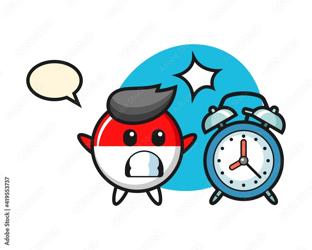 Cartoon illustration of indonesia flag badge is surprised with a giant alarm clock