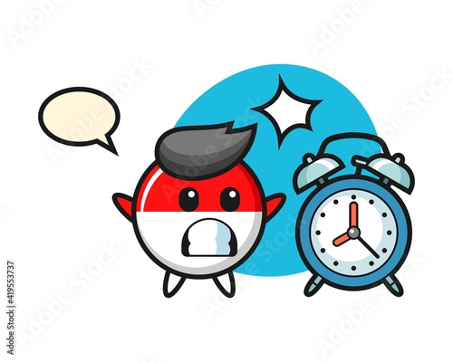 Cartoon illustration of indonesia flag badge is surprised with a giant alarm clock