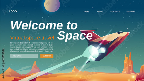 Welcome to space cartoon landing with spaceship