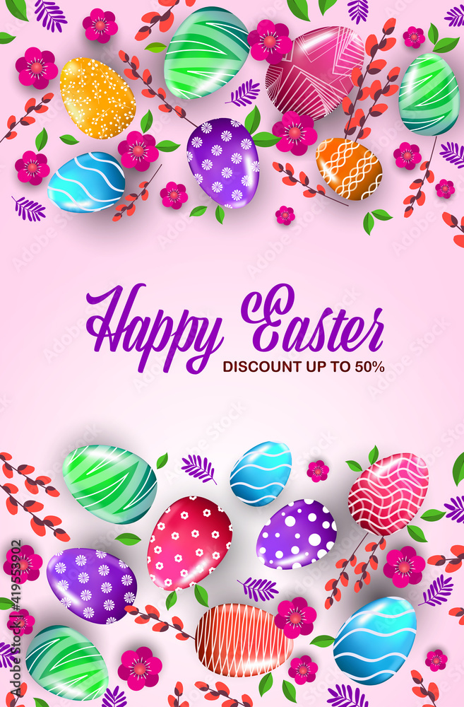 happy easter holiday celebration banner flyer or greeting card with decorative eggs and flowers vertical vector illustration