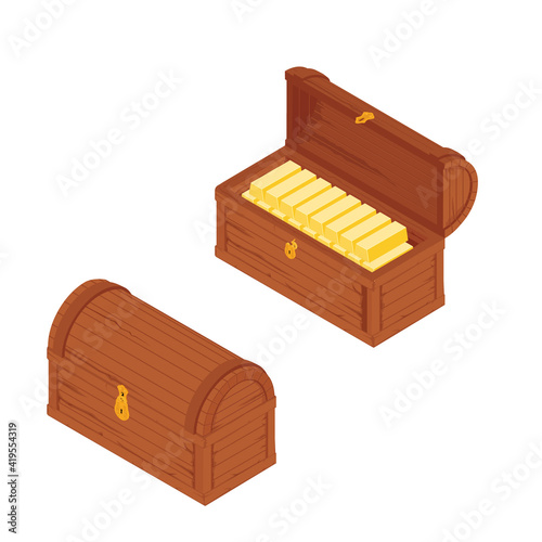 Old wooden chest with gold bars isolated on white background