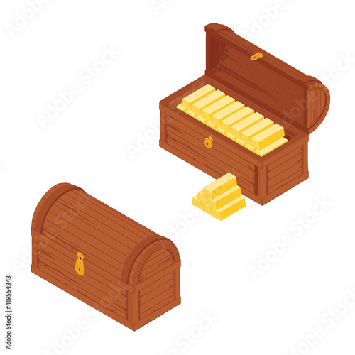 Old wooden chest with gold bars isolated on white background