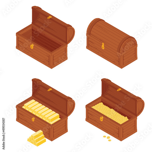 Old wooden chest with gold bars isolated on white background