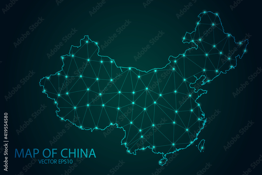 Photo &amp; Art Print Map of China - With glowing point and lines 