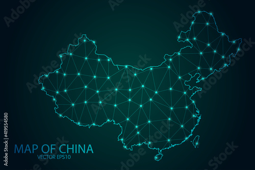 Map of China - With glowing point and lines scales on The Dark Gradient Background, 3D mesh polygonal network connections. Vector illustration eps10.