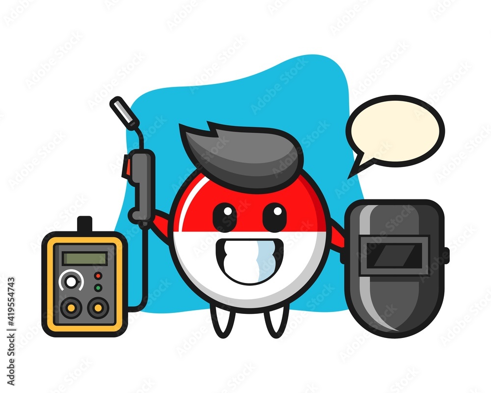 Character mascot of indonesia flag badge as a welder