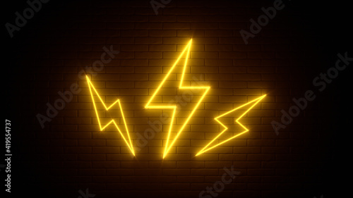 Neon sign on a brick wall. Glowing lightning charge icon. Abstract background, spectrum vibrant colors. 3d render illustration.