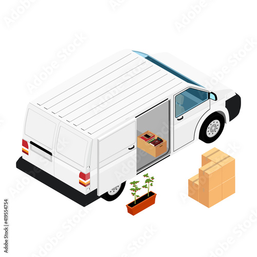 White realistic hi-detailed cargo van, minivan with boxes. Loading to the truck tomato seedling and cardboard boxes