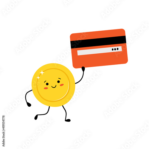 Cute gold coin with a credit card in hand. Money coin character in kawaii style isolated on white background. Vector illustration