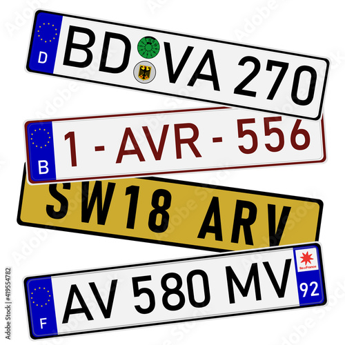 European countries car license plate registration numbers. France, German, UK and Belgium