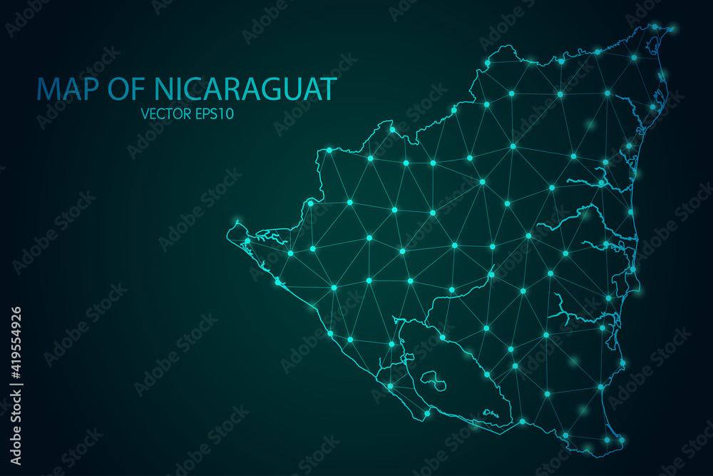 Fototapeta Mapa Nikaragui - ze świecącymi punktami i łuskami linii na ciemnym tle gradientowym, połączenia sieciowe wielokątne siatki 3D. Ilustracja wektorowa eps10.
