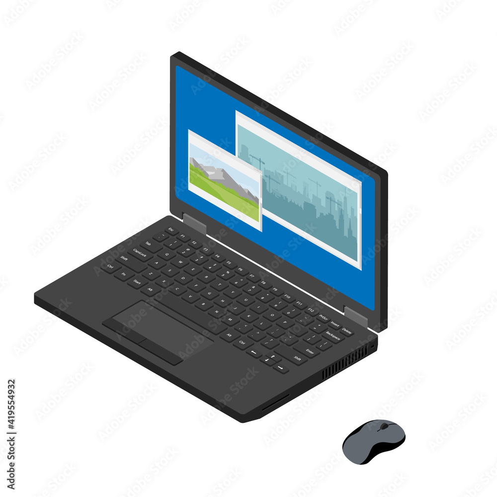Laptop and computer mouse isometric view Laptop and computer mouse isometric view