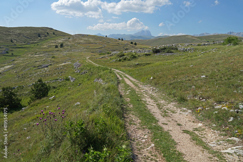 Apennine Mountains grassy landscape with highest Corno Grande Mountain and meadow road, Gran Sasso National Park, Abruzzo, Italy