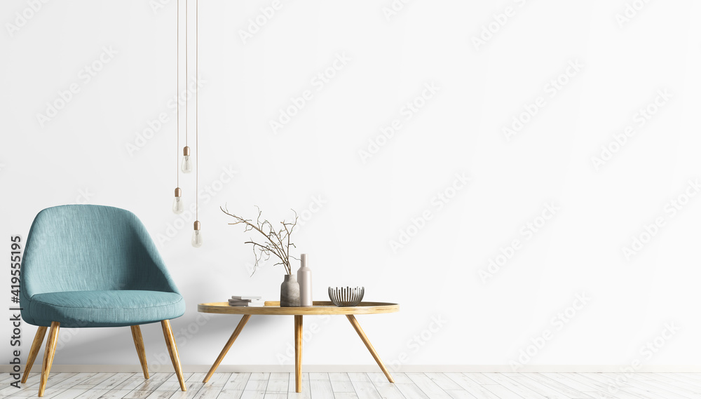 Interior design of living room with turquoise armchair and wooden coffee table. White wall with copy space. Modern scandinavian home design. 3d rendering - obrazy, fototapety, plakaty 