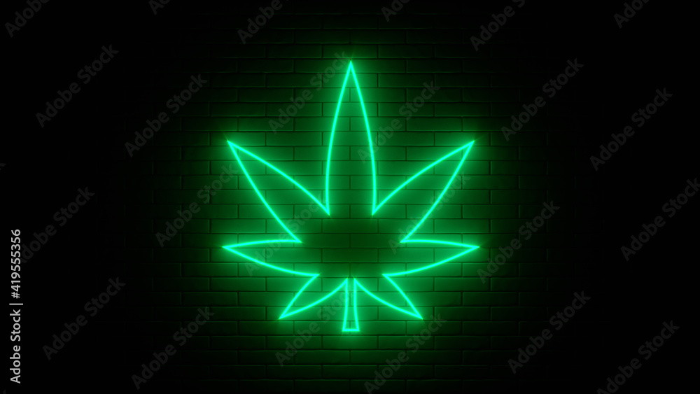 Neon sign on a brick wall. Cannabis weed marijuana leaf icon. Abstract background, spectrum vibrant colors. 3d render illustration.