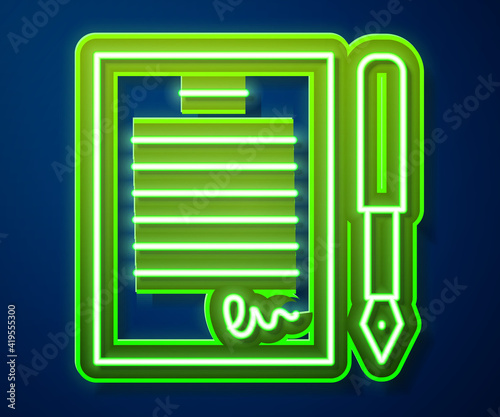 Glowing neon line Marriage contract icon isolated on blue background. Wedding certificate. Vector.