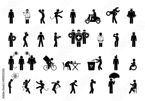 stick figure isolated silhouettes of people, collection of stickman in various poses and situations, man pictograms set, human body on a white background