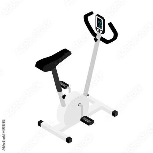 Gym bike isometric view isolated on white background. Exercise bike cardio workout at fitness gym