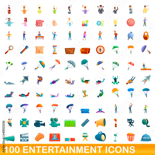 100 entertainment icons set. Cartoon illustration of 100 entertainment icons vector set isolated on white background