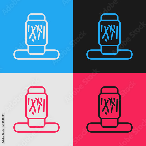 Pop art line Cat scratching post with toy icon isolated on color background. Vector.