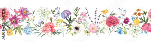 Beautiful horizontal seamless floral pattern with watercolor hand drawn gentle summer flowers. Stock illustration. Natural artwork. © zenina