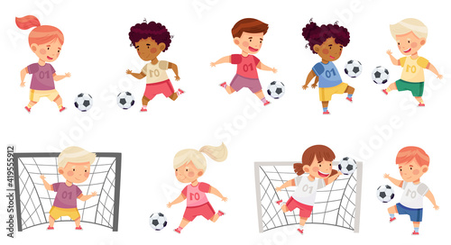 Little Boy and Girl in Sports Shirt and Shorts Playing Football Kicking Ball and Scoring Goal Vector Set