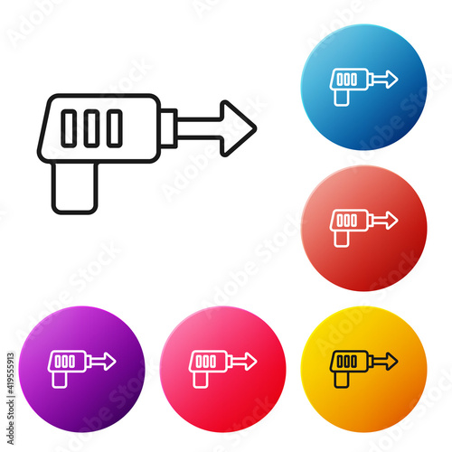 Black line Fishing harpoon icon isolated on white background. Fishery manufacturers for catching fish under water. Diving underwater equipment. Set icons colorful circle buttons. Vector.