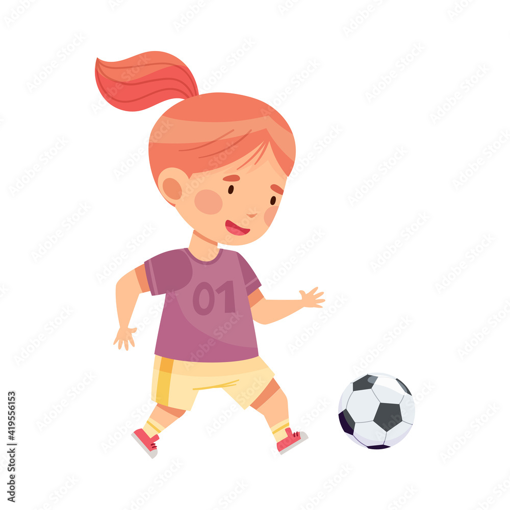Cheerful Girl with Ponytail in Sports Shirt and Shorts Playing Football Passing Ball with Her Foot Vector Illustration Cheerful Girl with Ponytail in Sports Shirt and Shorts Playing Football Passing Ball with Her Foot Vector Illustration
