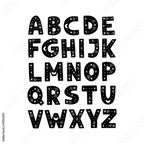 Celestial English alphabet. ABC. Black hand drawn graphic font with moon, stars. Uppercase letters. Design for typography astronomy poster, card. Modern vector illustration. Scandinavian print.