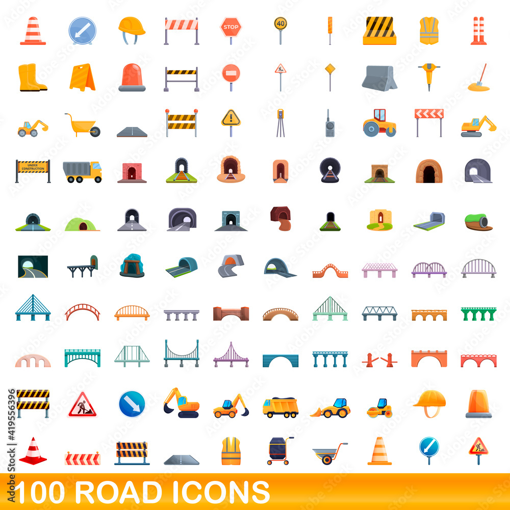 Naklejka premium 100 road icons set. Cartoon illustration of 100 road icons vector set isolated on white background