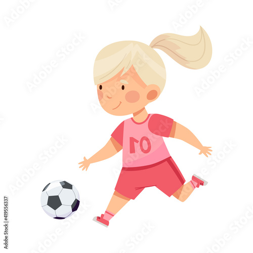 Cheerful Girl with Ponytail in Sports Shirt and Shorts Playing Football Passing Ball with Her Foot Vector Illustration