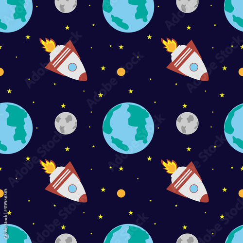 A space rocket flies near the earth and the moon on a dark blue background.