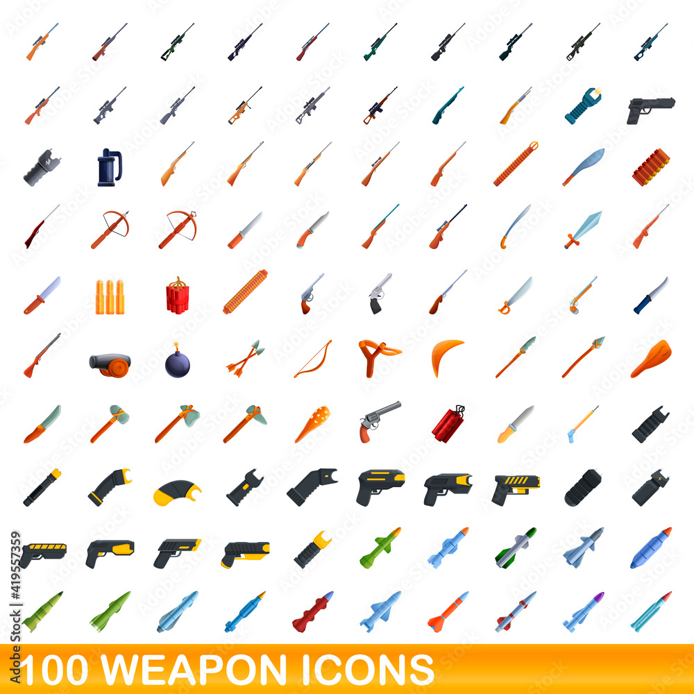 100 weapon icons set. Cartoon illustration of 100 weapon icons vector set isolated on white background