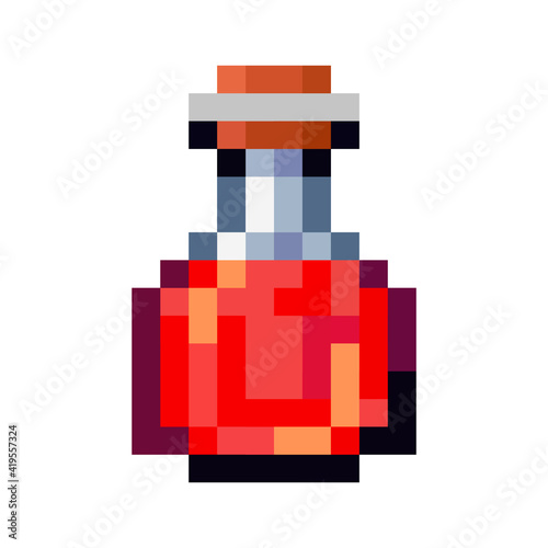 pixel potion bottles. Glass transparent bottle with cork on a white background. Vial of red  blue  green  and pink potion or poison. Restoration of health and magic. Objects for a pixel game