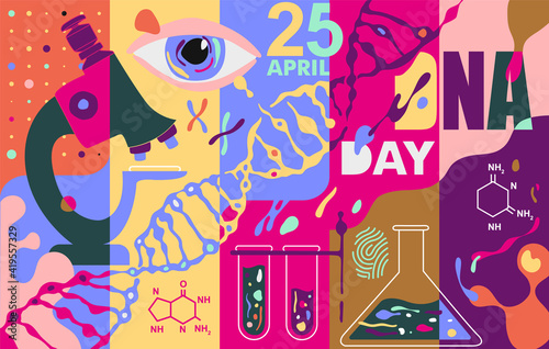 DNA Day. Bright banner in free flat style with dna chain  microscope and other symbols of genetics