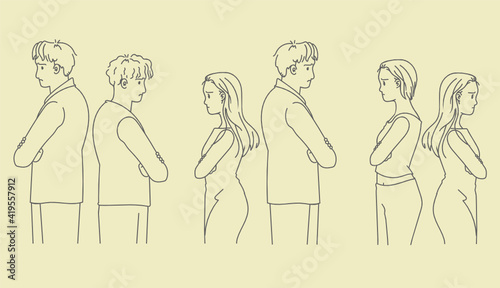 Divorced couple or couples are angry set. Hand drawn style vector.