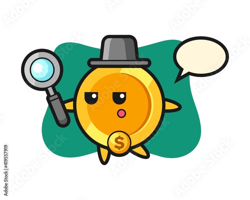 dollar coin cartoon character searching with a magnifying glass