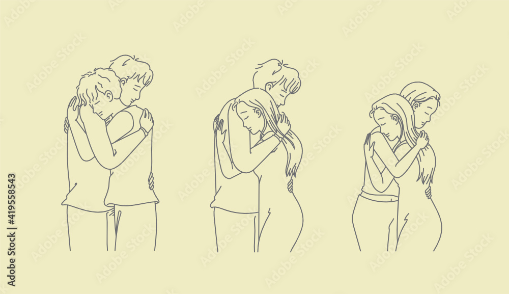 Hugging couple set. Sweet couple in love. Hand drawn style vector.